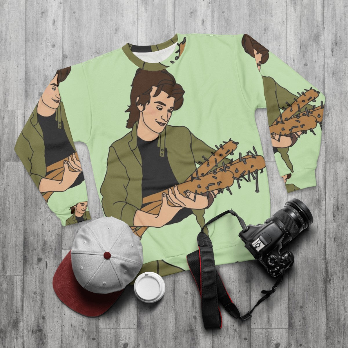 Steve Harrington from Stranger Things on a navy blue sweatshirt - flat lay