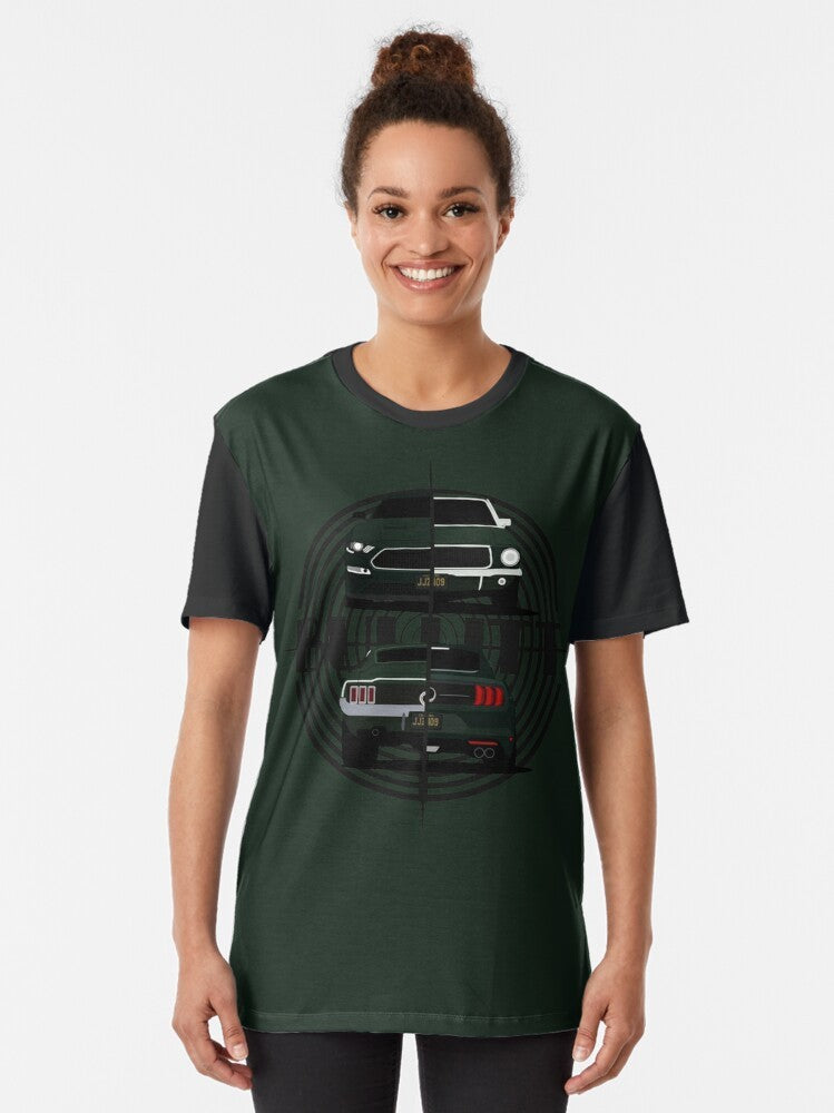 Bullitt Generations Graphic T-Shirt featuring a classic and modern Mustang muscle car design - Women