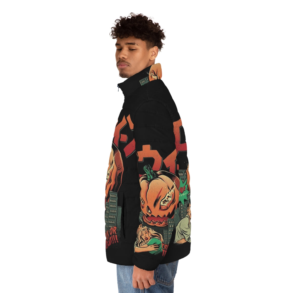 A puffer jacket with a pumpkin monster design, perfect for Halloween - men side left