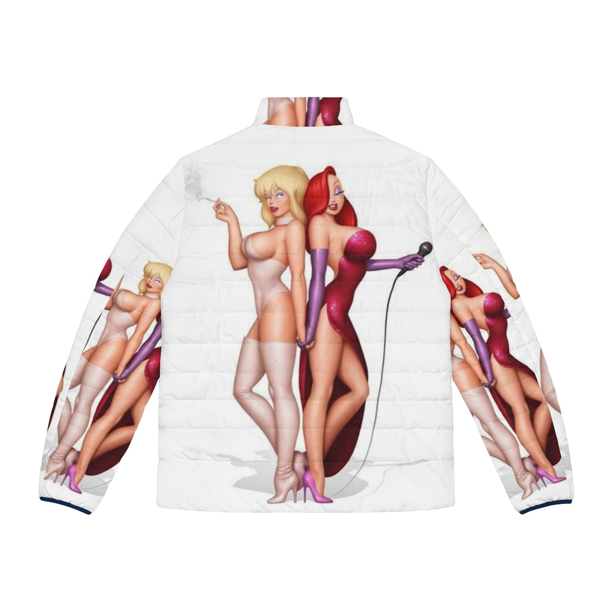 Retro puffer jacket with Jessica Rabbit and Holli Wood cartoon designs - Back