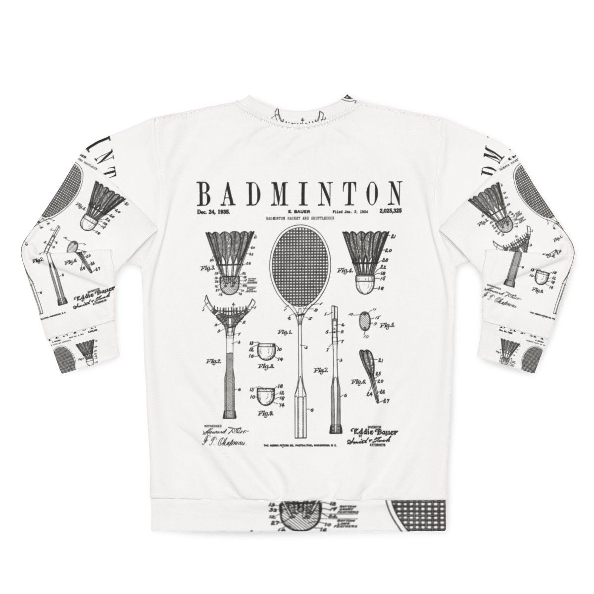 Vintage Badminton Patent Art Print Sweatshirt - Back