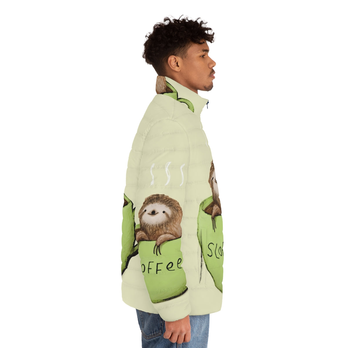 Sloffee Puffer Jacket - A cozy, sloth-themed puffer jacket for the ultimate slowth lover - men side right