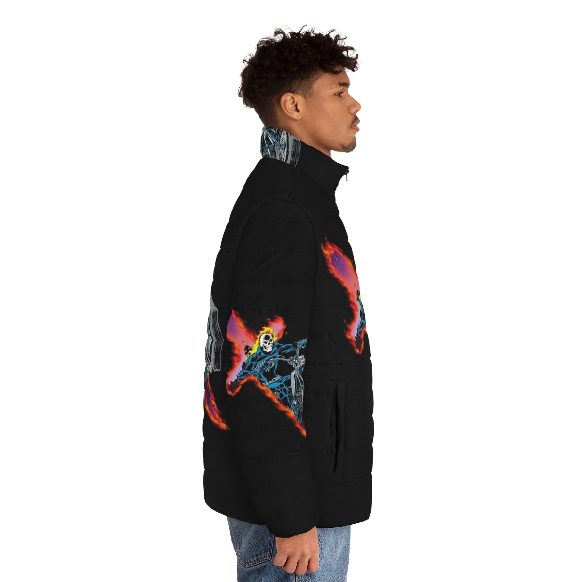 A model wearing a Saint Jhn puffer jacket in a streetwear style - men side right