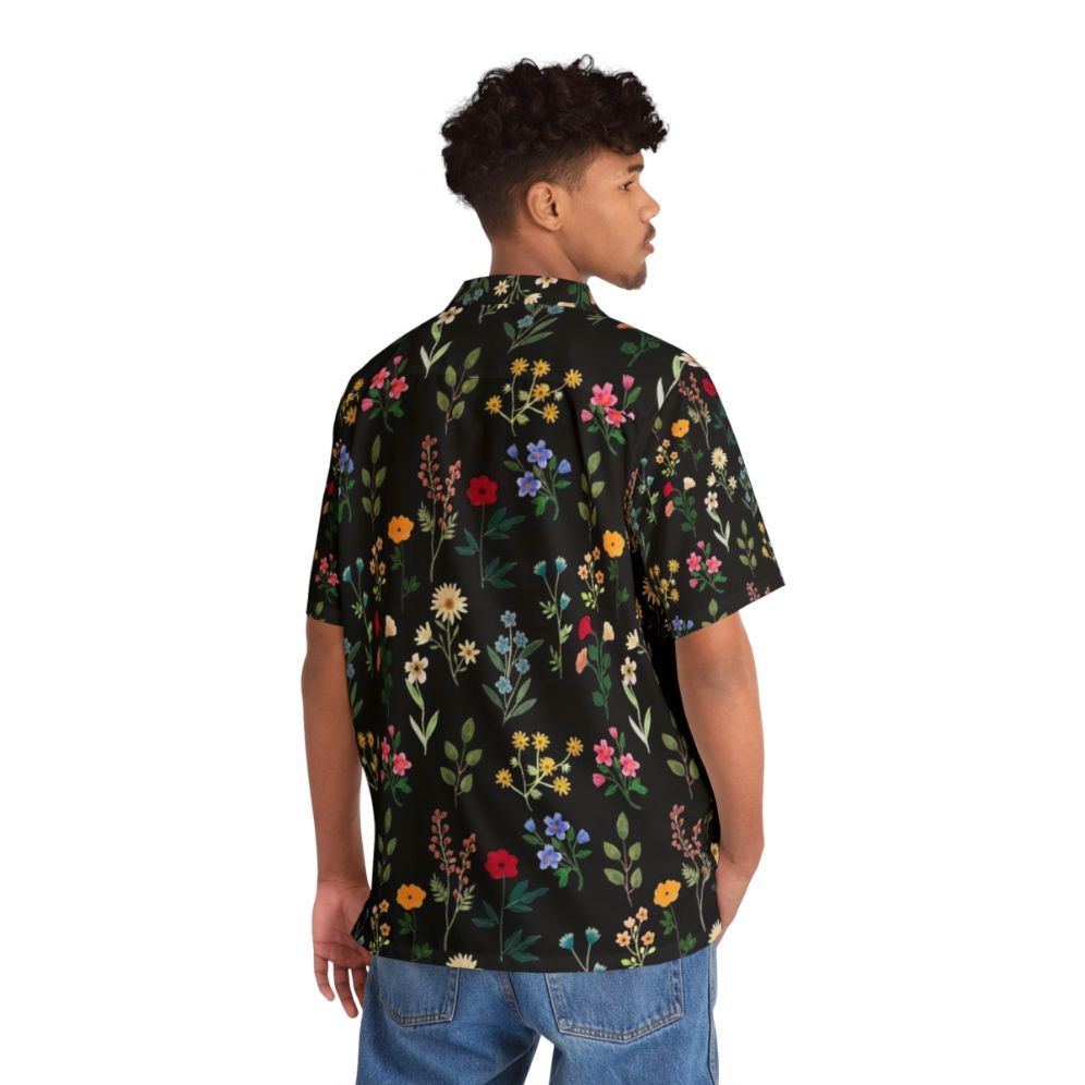 Black Hawaiian shirt with spring botanical floral pattern - People Back