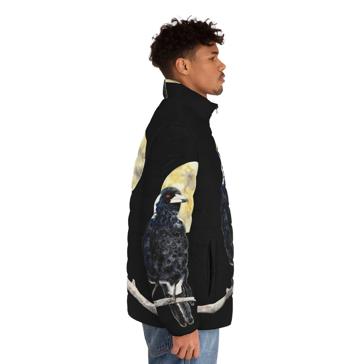 Moonlit Magpie Puffer Jacket featuring an illustration of an Australian magpie - men side right