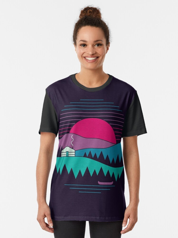 A minimalist graphic t-shirt design featuring a nature landscape with mountains, hills, and a simple geometric shape. - Women