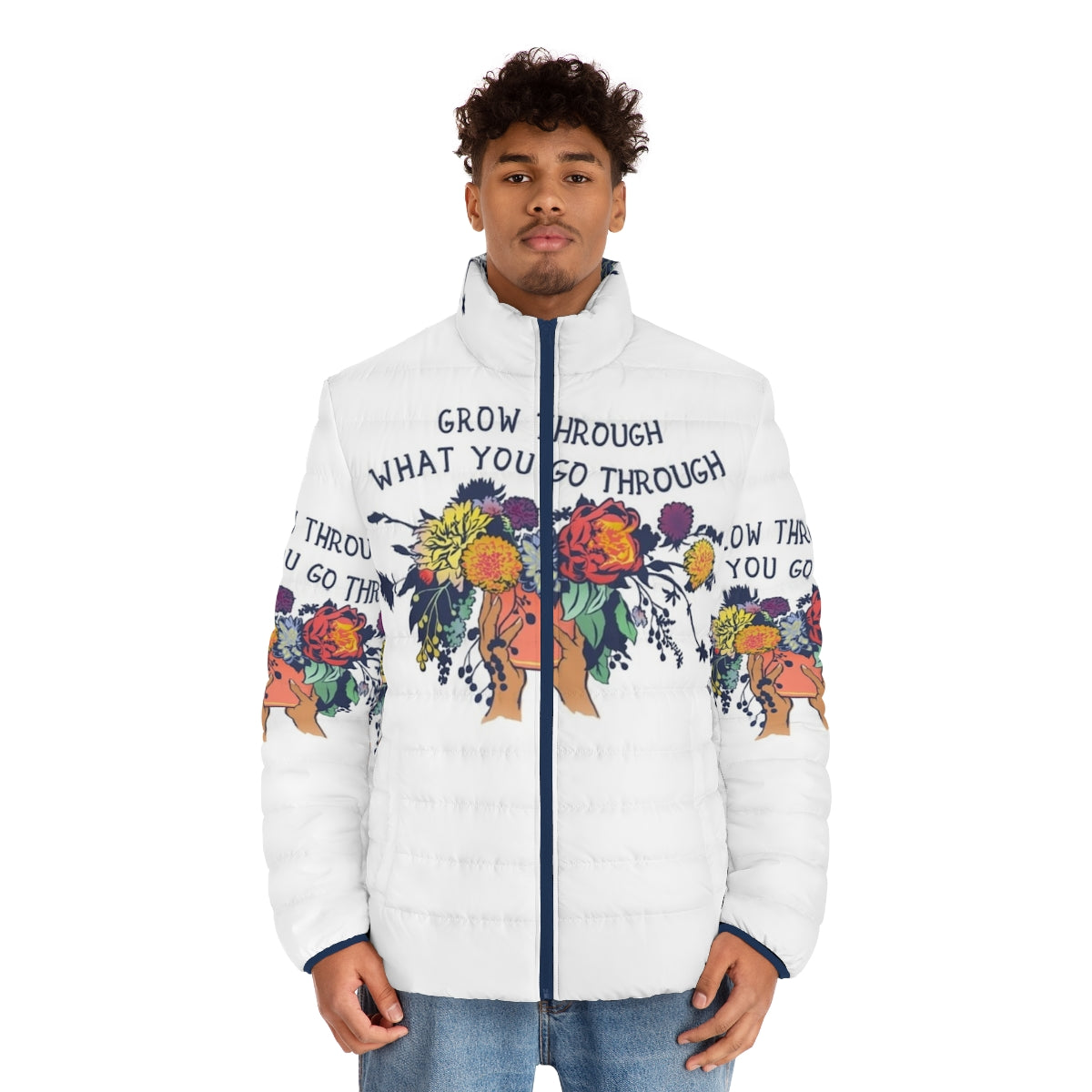 Puffer jacket with floral design and inspirational quote "Grow Through What You Go Through" - men front