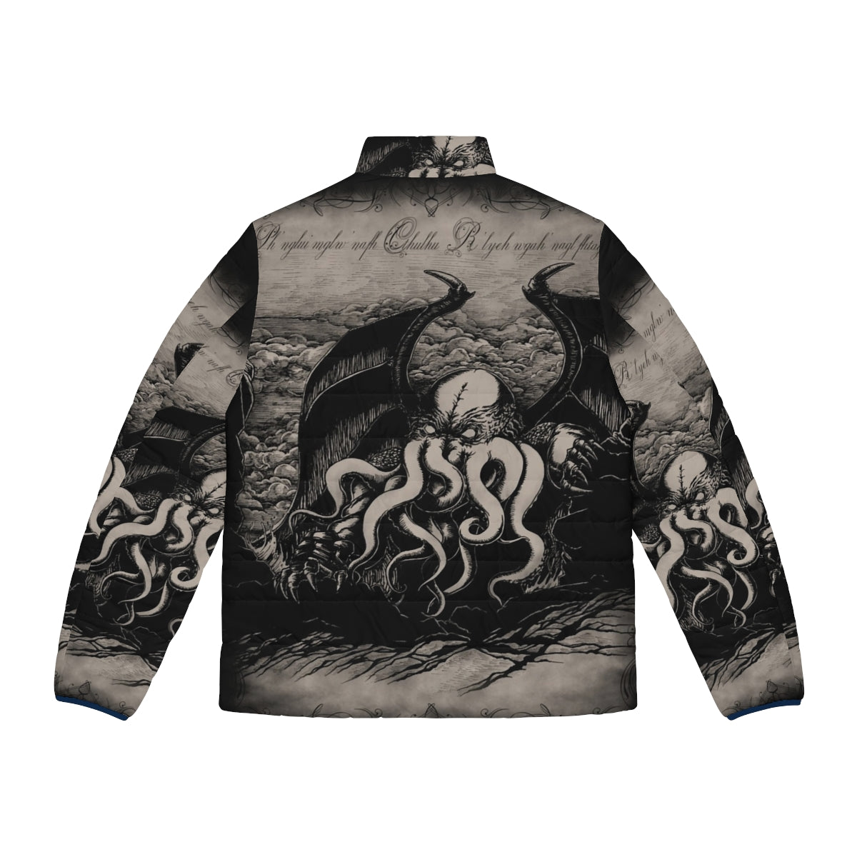 Lovecraft-inspired Cthulhu puffer jacket with vintage-style tentacle monster illustration - Back