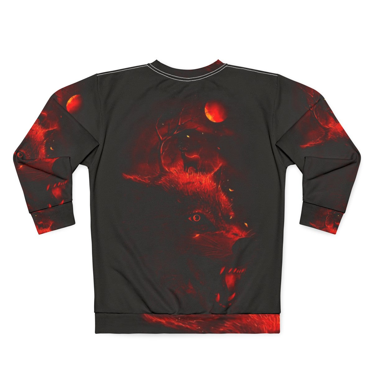 Red sweatshirt with dark night sky, wolf and deer silhouettes - Back