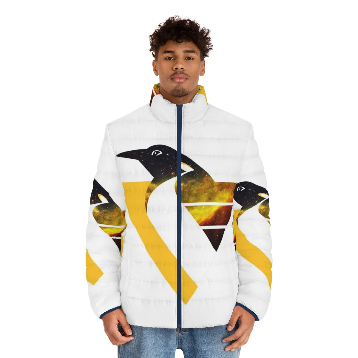 Nebula Penguins Throwback Puffer Jacket, featuring a space-inspired design and throwback Pittsburgh Penguins logo - men front