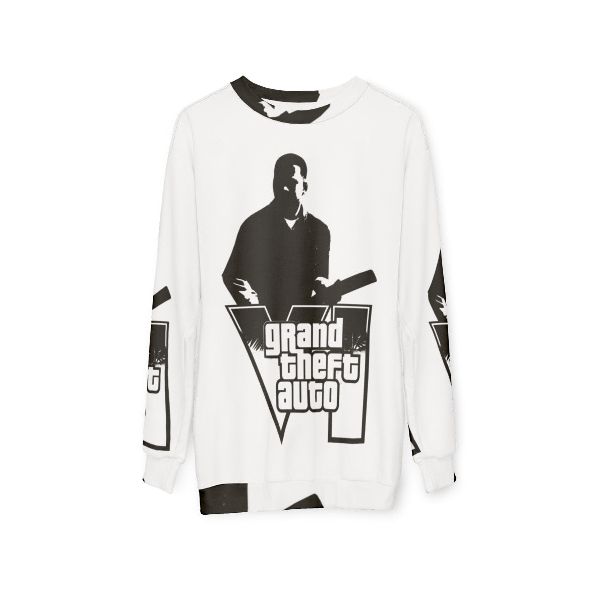 Grand Theft Auto themed sweatshirt with gaming graphics - hanging