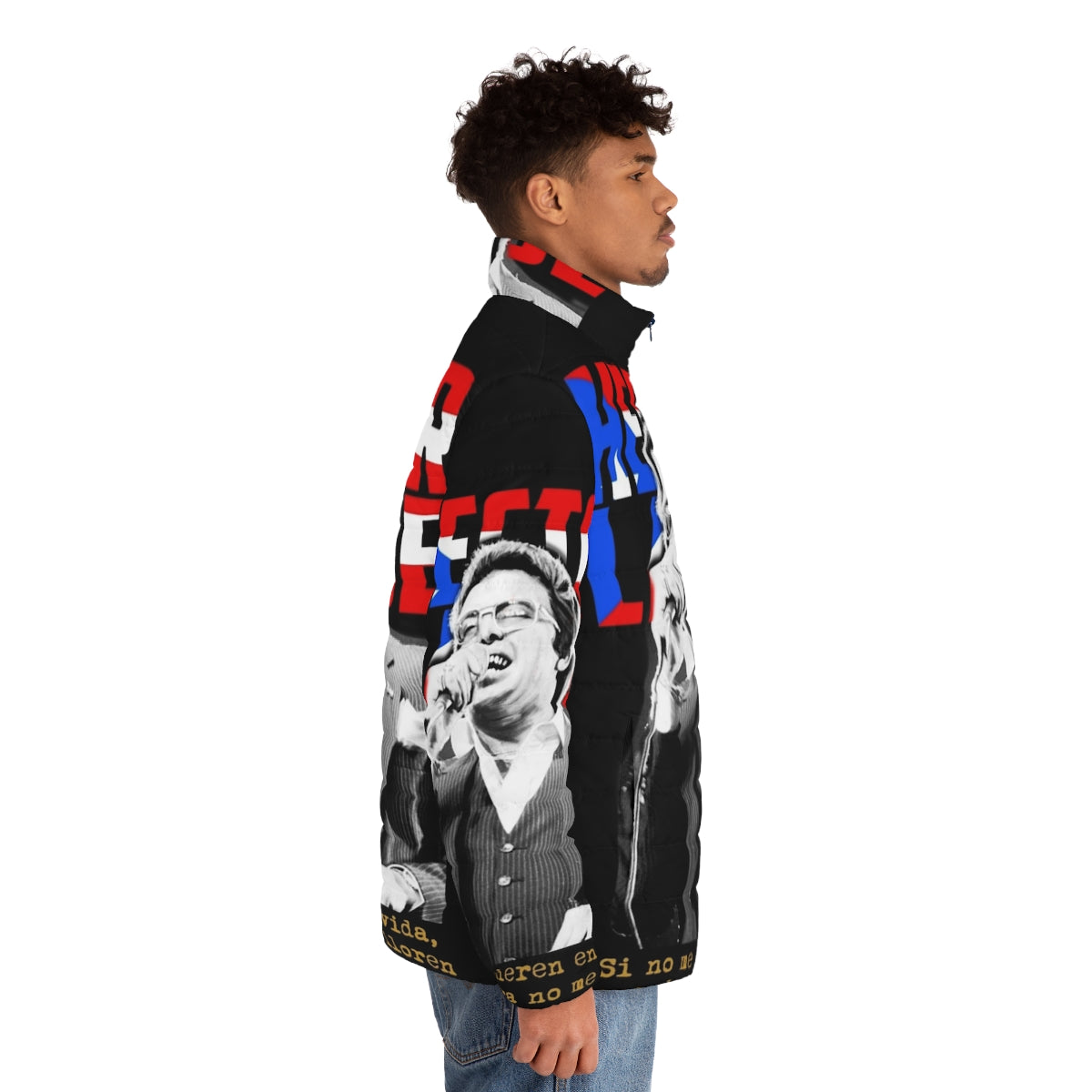 Hector Lavoe inspired salsa puffer jacket, featuring vibrant Latin music graphics - men side right