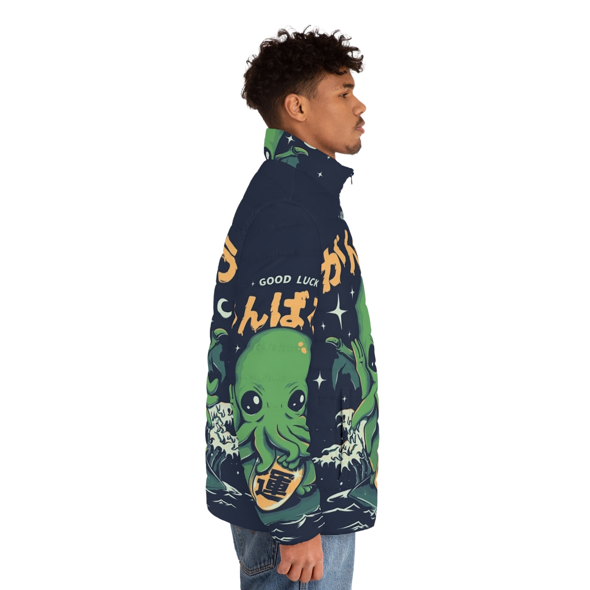 Cthulhu puffer jacket with cute Japanese fortune cat design - men side right