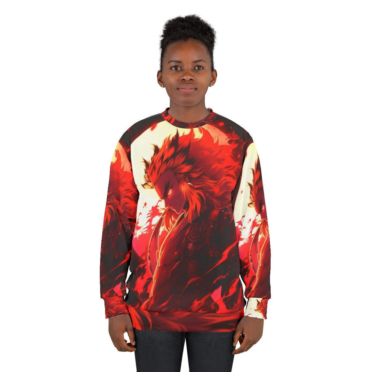 Flame Slayer Demon Sweatshirt with Rengoku Anime Inspired Graffiti Design - women