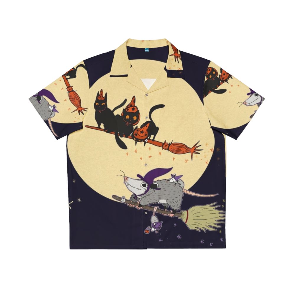 Vintage Hawaiian shirt featuring a cartoon witch and black cat