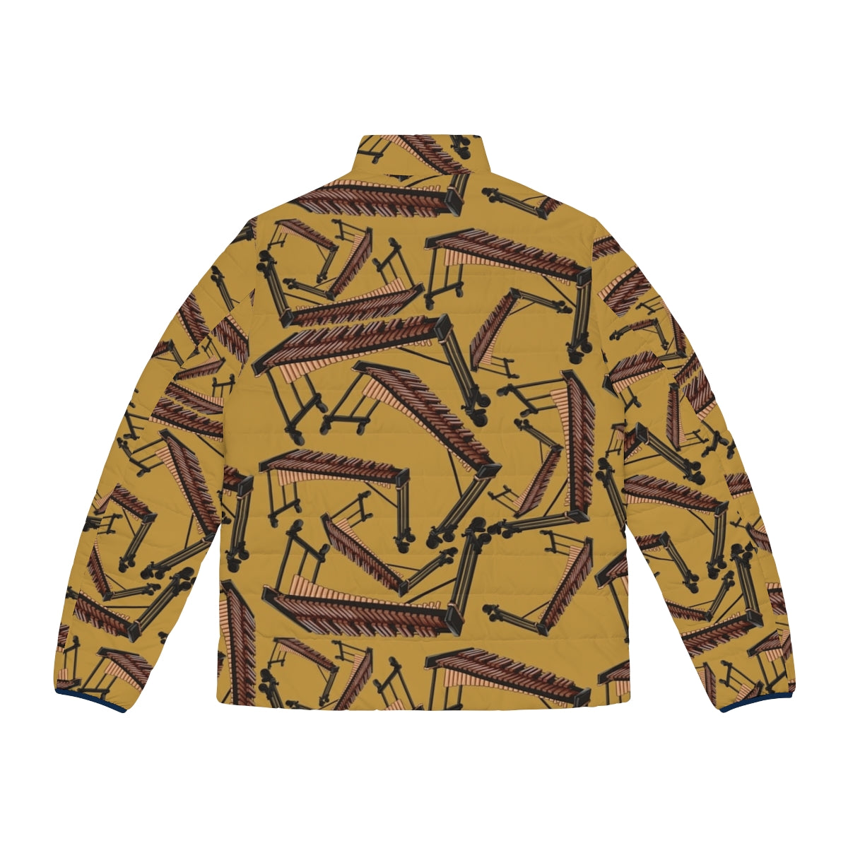 A yellow puffer jacket with a xylophone musical instrument pattern, perfect for musicians and percussionists. - Back