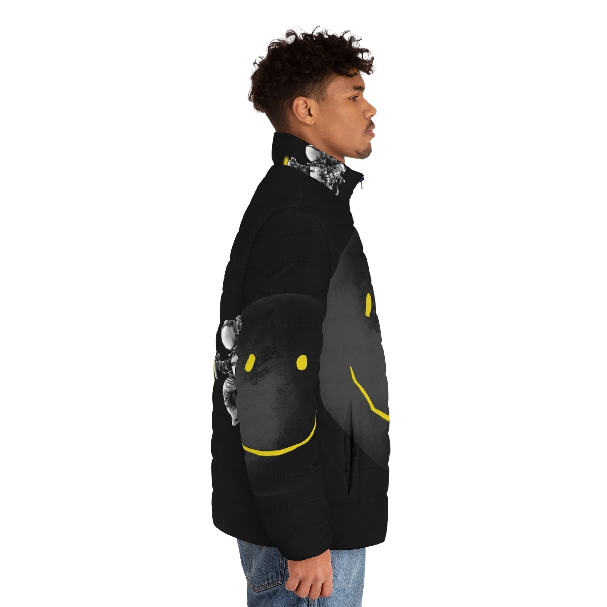 Puffer jacket with a surreal, abstract smiling face design against a cosmic, space-inspired background - men side right