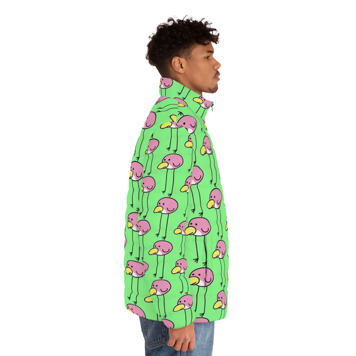 Flock Step Puffer Jacket featuring bird-themed design inspired by Nintendo's Rhythm Heaven series - men side right