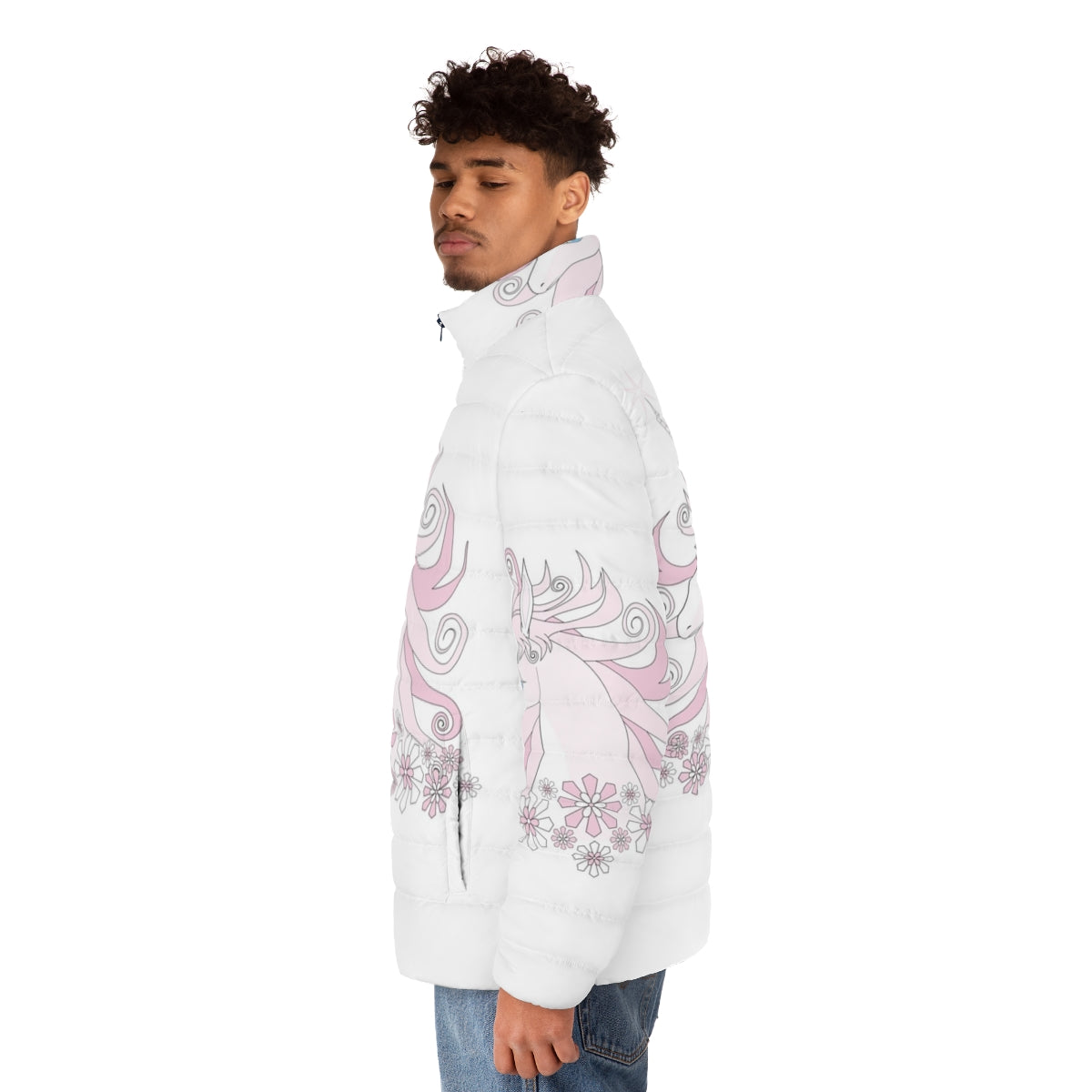 The Last Unicorn puffer jacket with a beautiful pink unicorn design - men side left