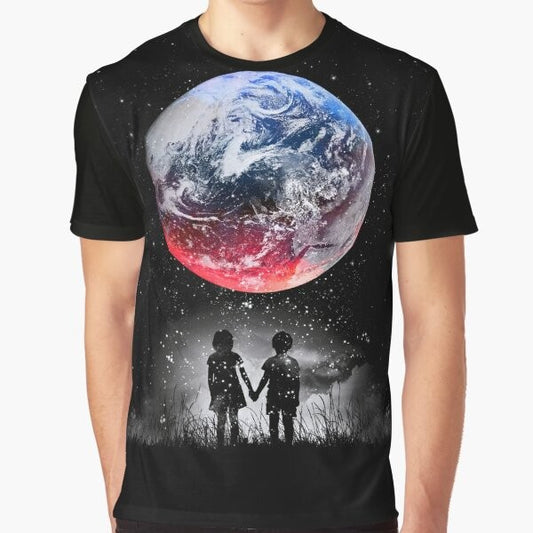 Graphic t-shirt featuring a space and universe design with stars, planets, and earth