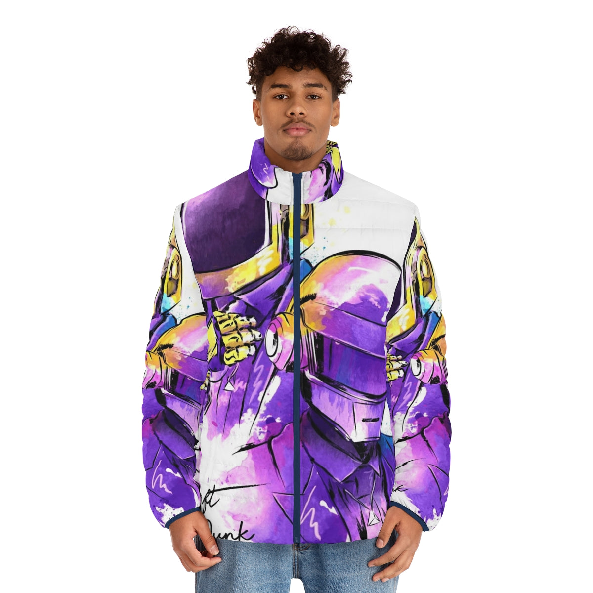 Daft Punk inspired puffer jacket with watercolor design - men front