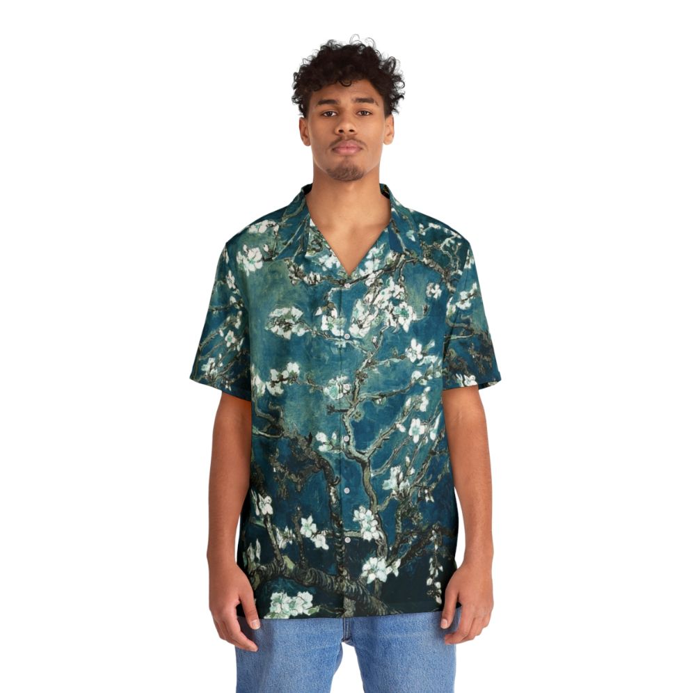 Dark Teal Van Gogh Almond Blossoms Hawaiian Shirt - People Front