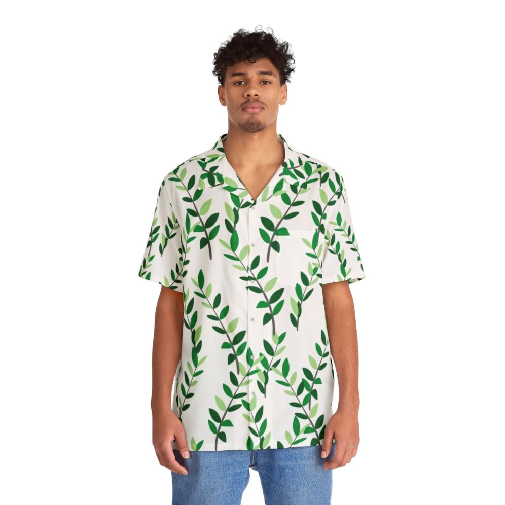 Zz plant leaves foliage pattern on a Hawaiian shirt - People Front