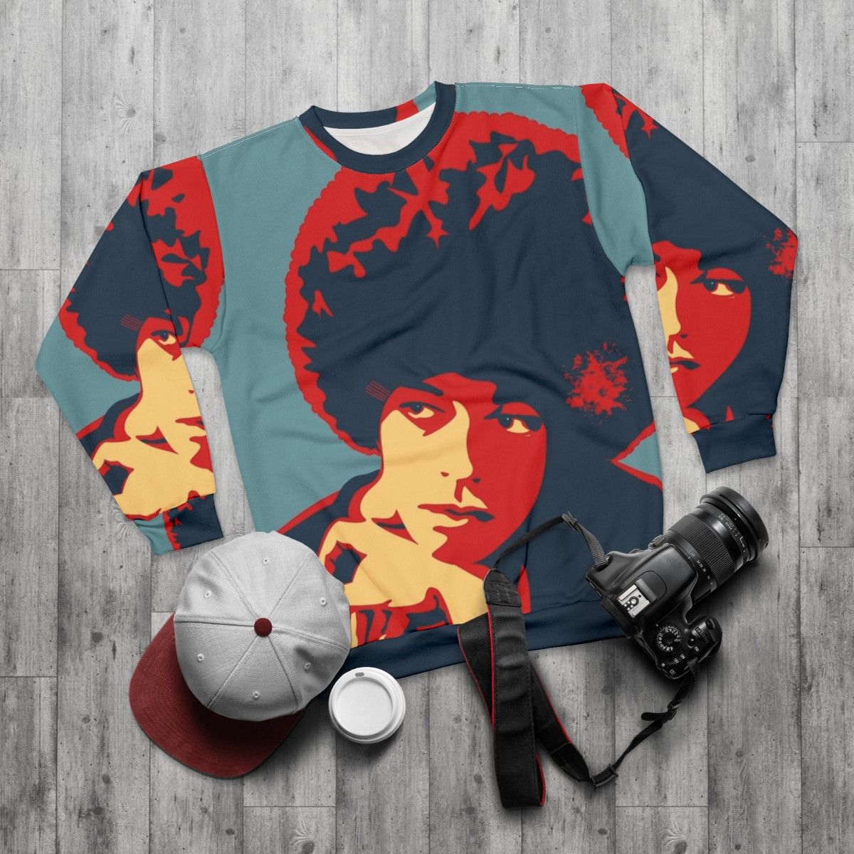 Angela Davis Sweatshirt featuring revolutionary activist imagery - flat lay