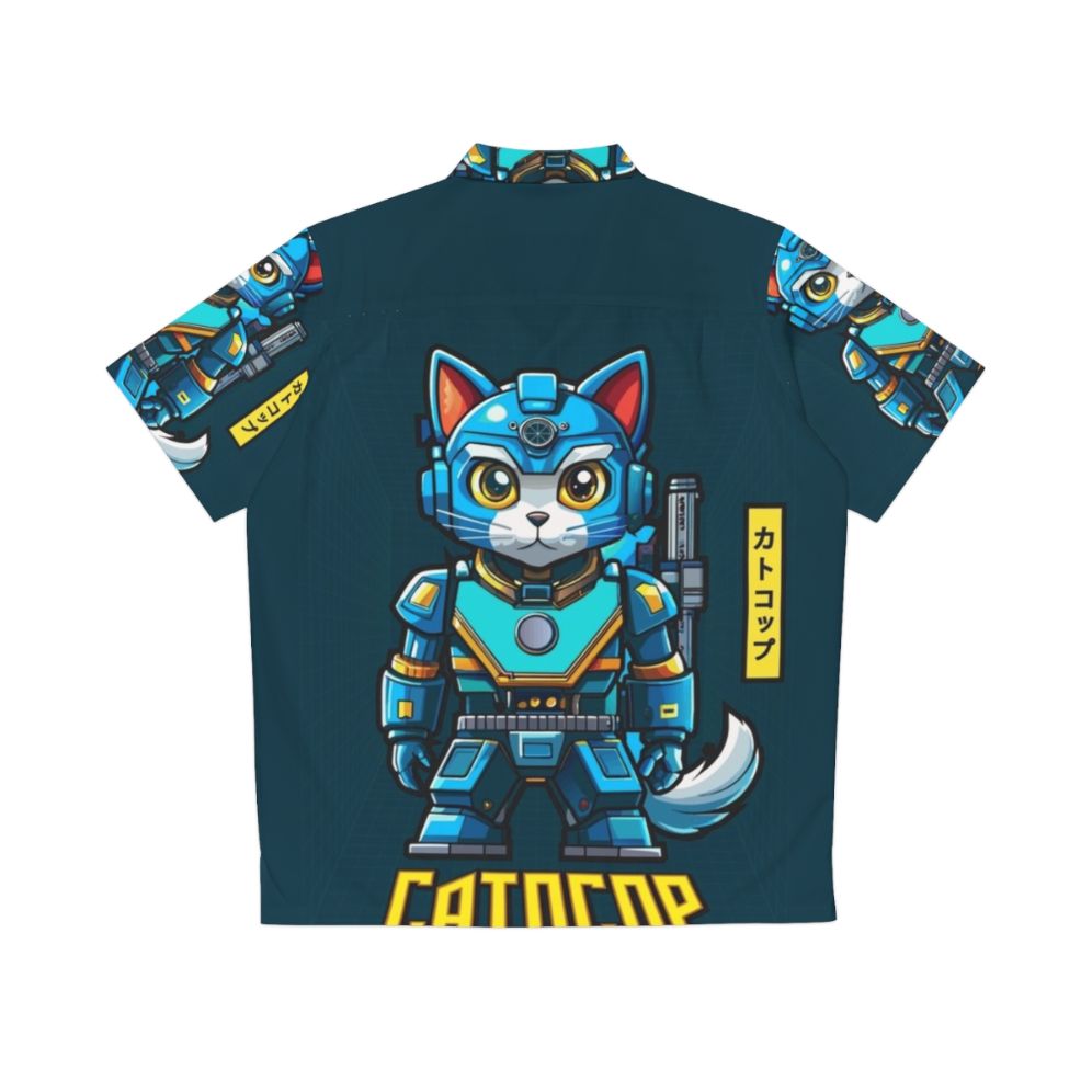 Catocop Futuristic Hawaiian Shirt featuring a crime fighting cat police officer in a sci-fi inspired cartoon design - Back