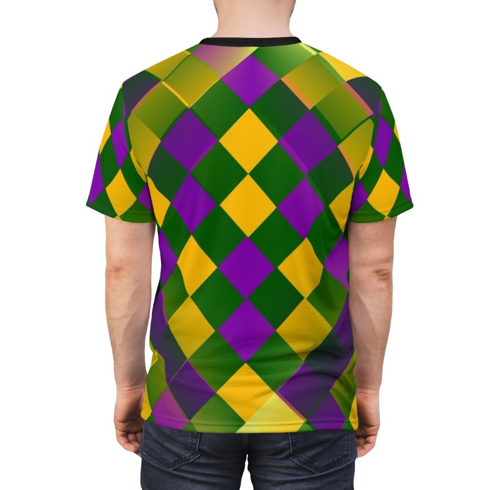 Harlequin-patterned Mardi Gras graphic t-shirt with diamonds, fleur-de-lis, and carnival colors - men back