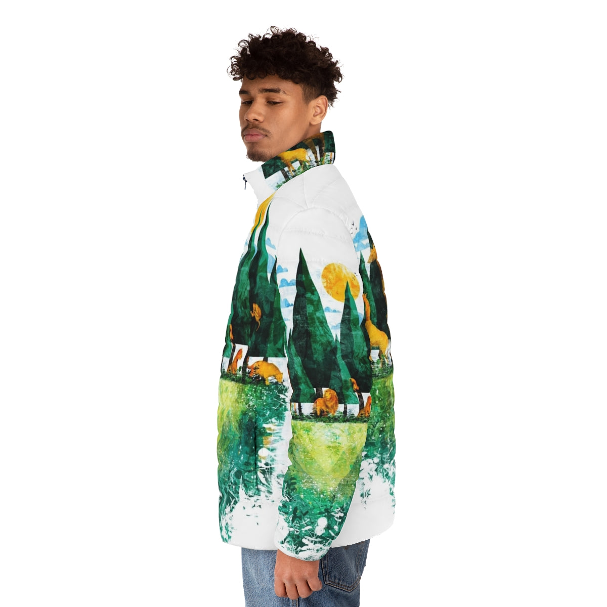 Geo Forest Puffer Jacket with nature and animal graphics - men side left