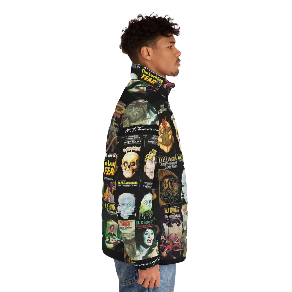 H.P. Lovecraft-inspired puffer jacket with horror book graphics - men side right