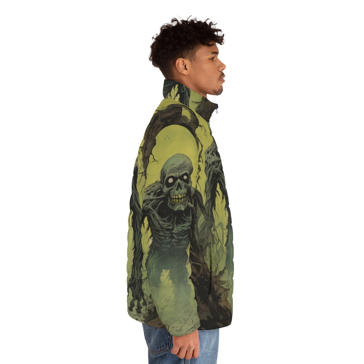 Zombie Stalker puffer jacket with haunted forest and creepy skeleton design - men side right