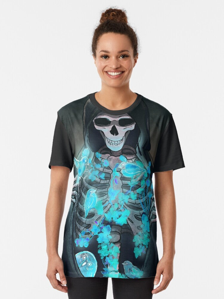 Dark graphic t-shirt with gothic design featuring a reaper, souls, and supernatural elements - Women