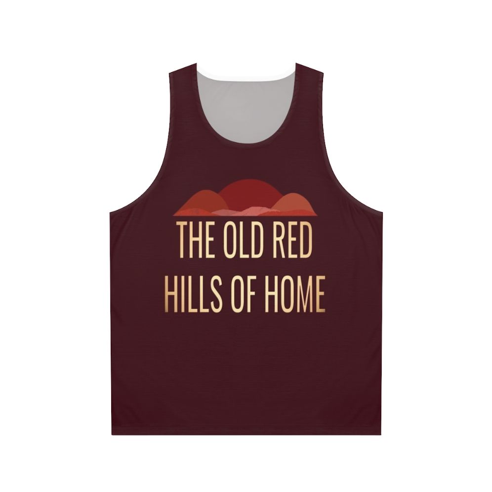 Unisex musical theater tank top with The Old Red Hills Of Home Parade design