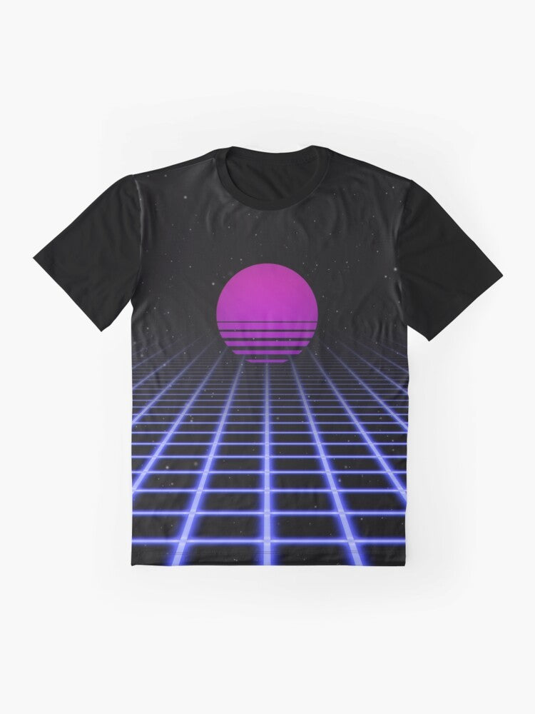 80s sunset aesthetic graphic t-shirt featuring a glowing grid and vapor wave design - Flat lay