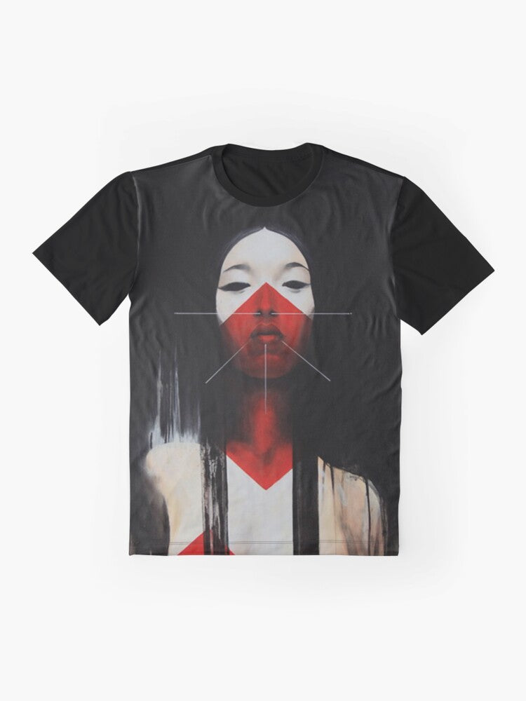 A striking black and red t-shirt featuring a captivating Japanese illustration with a cyberpunk, futuristic vibe. - Flat lay