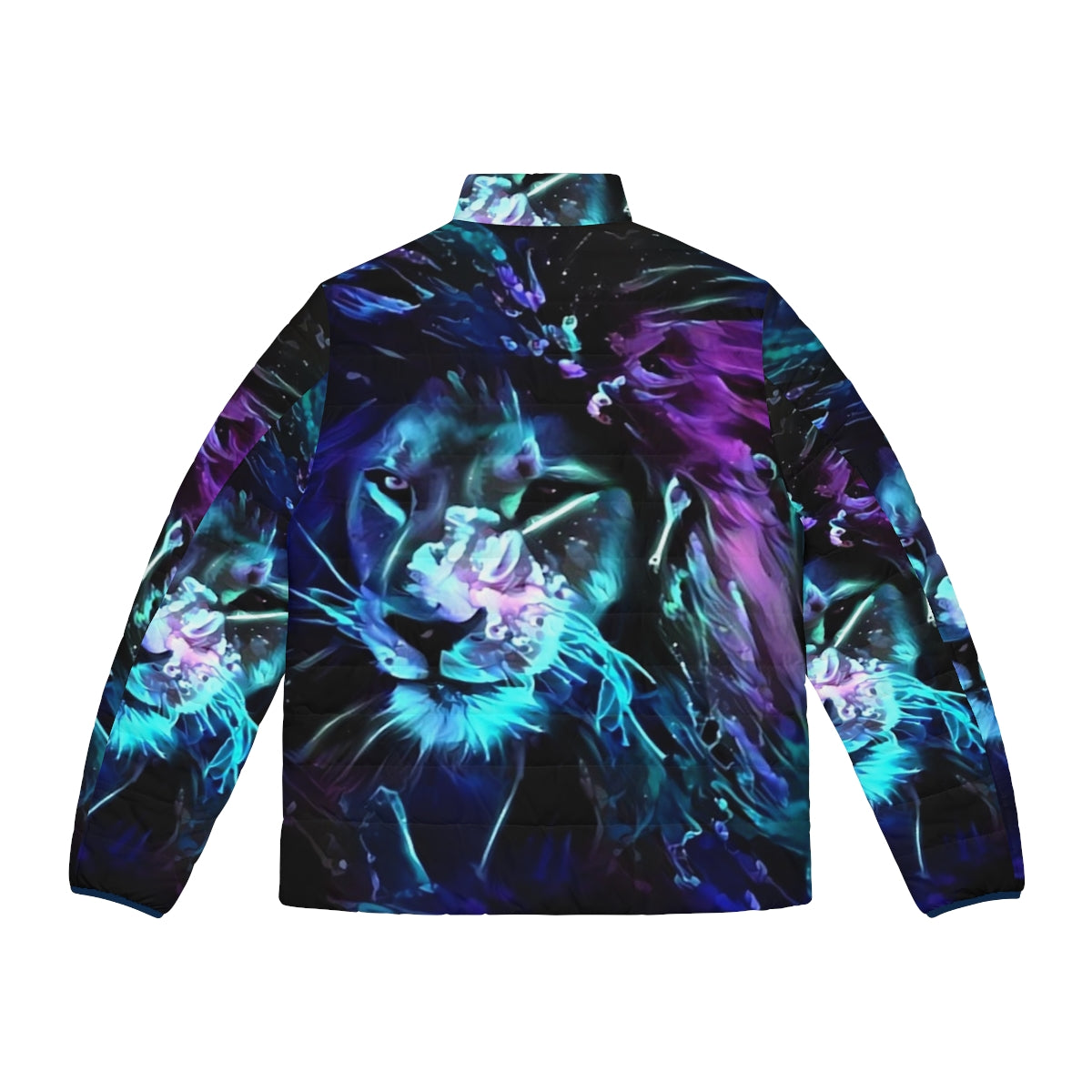 Neon lion puffer jacket with glowing blue, purple, and teal accents - Back