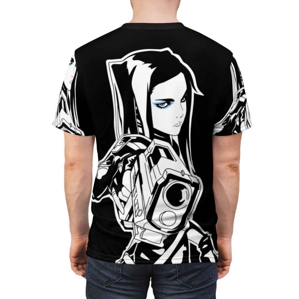 Anime sci-fi character t-shirt featuring the character Re L Mayer from the series Ergo Proxy. - men back