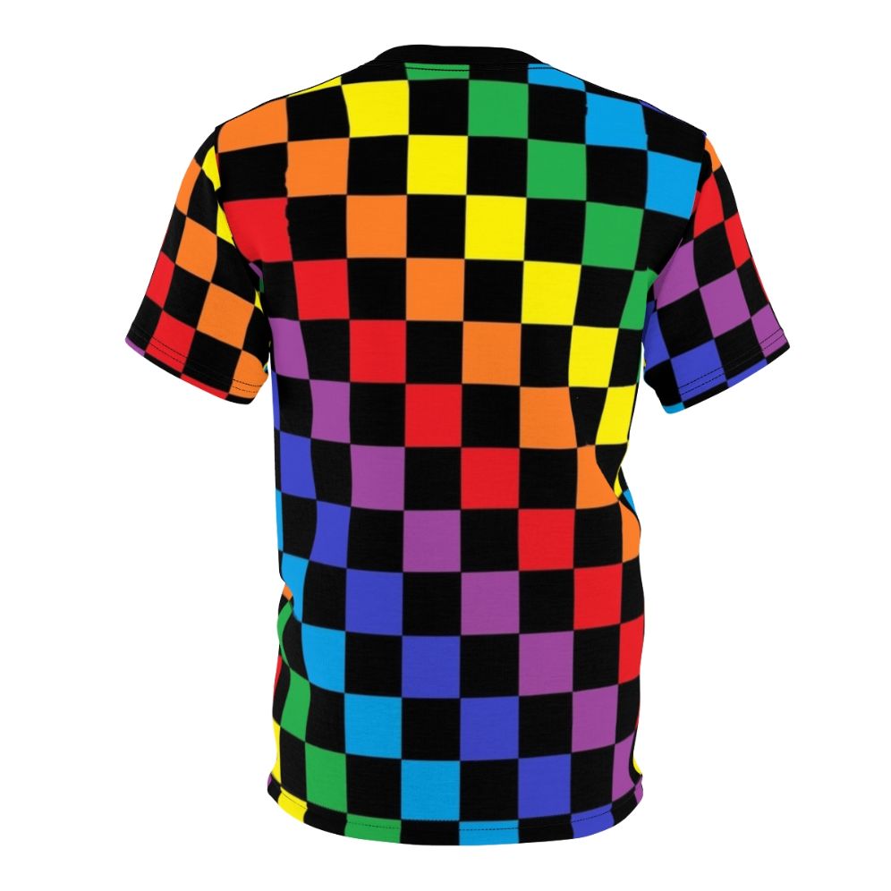 Colorful checkered rainbow pattern design on a black t-shirt - Back