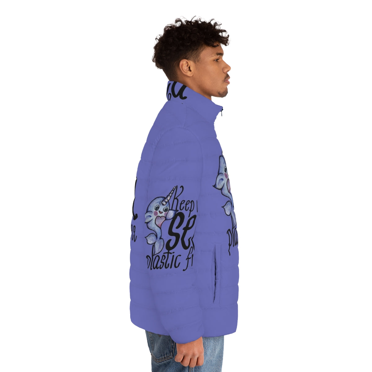 Puffer jacket with narwhal design, promoting plastic-free oceans - men side right