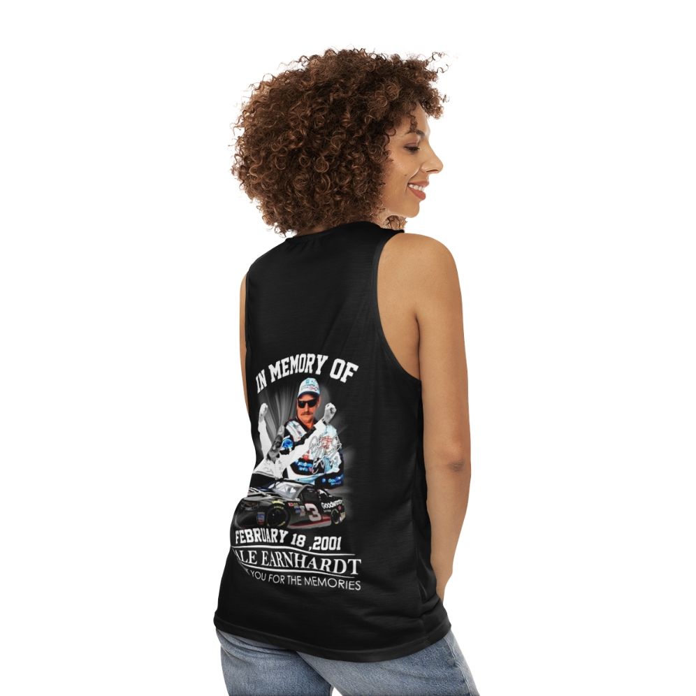 Unisex tank top honoring the memory of NASCAR driver Dale Earnhardt - women back