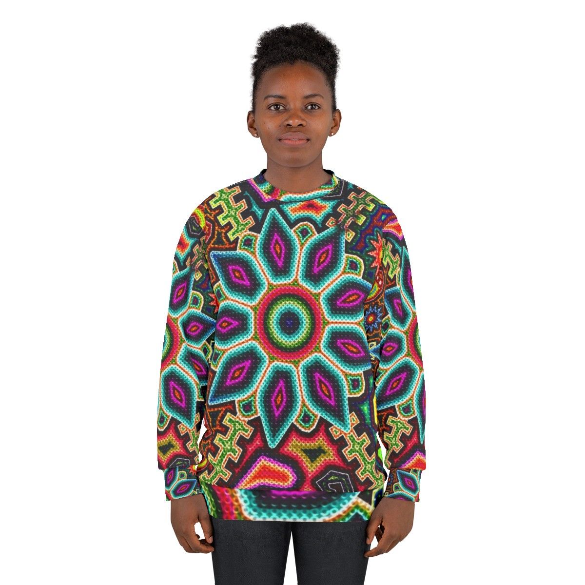 Huichol art inspired Mexican sweatshirt with vibrant colors and prehispanic design - women