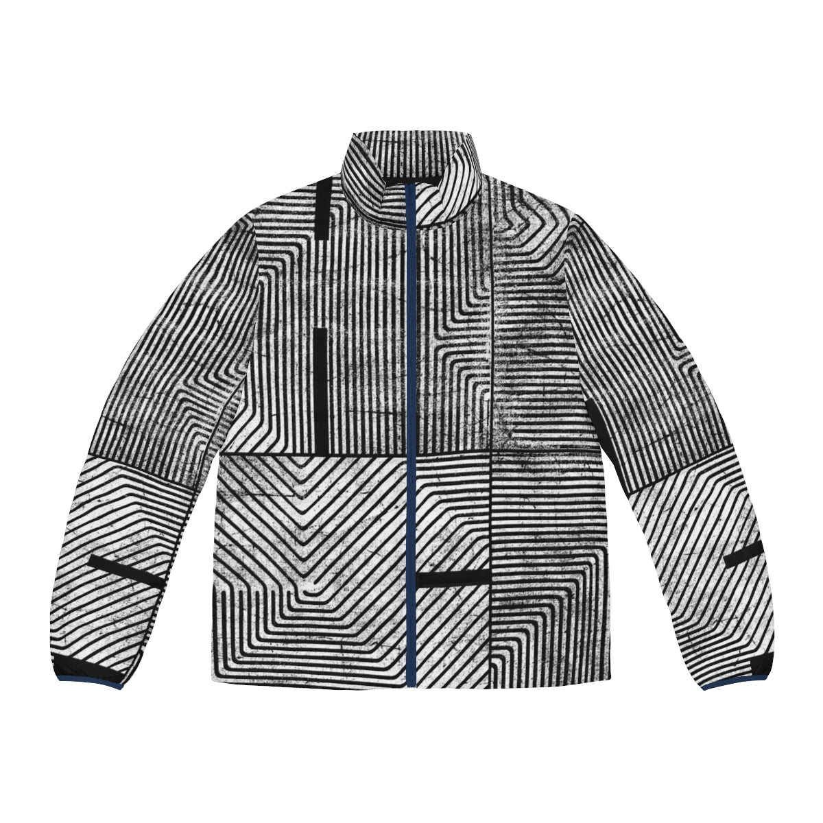 Puffer jacket with abstract geometric pattern and textured design