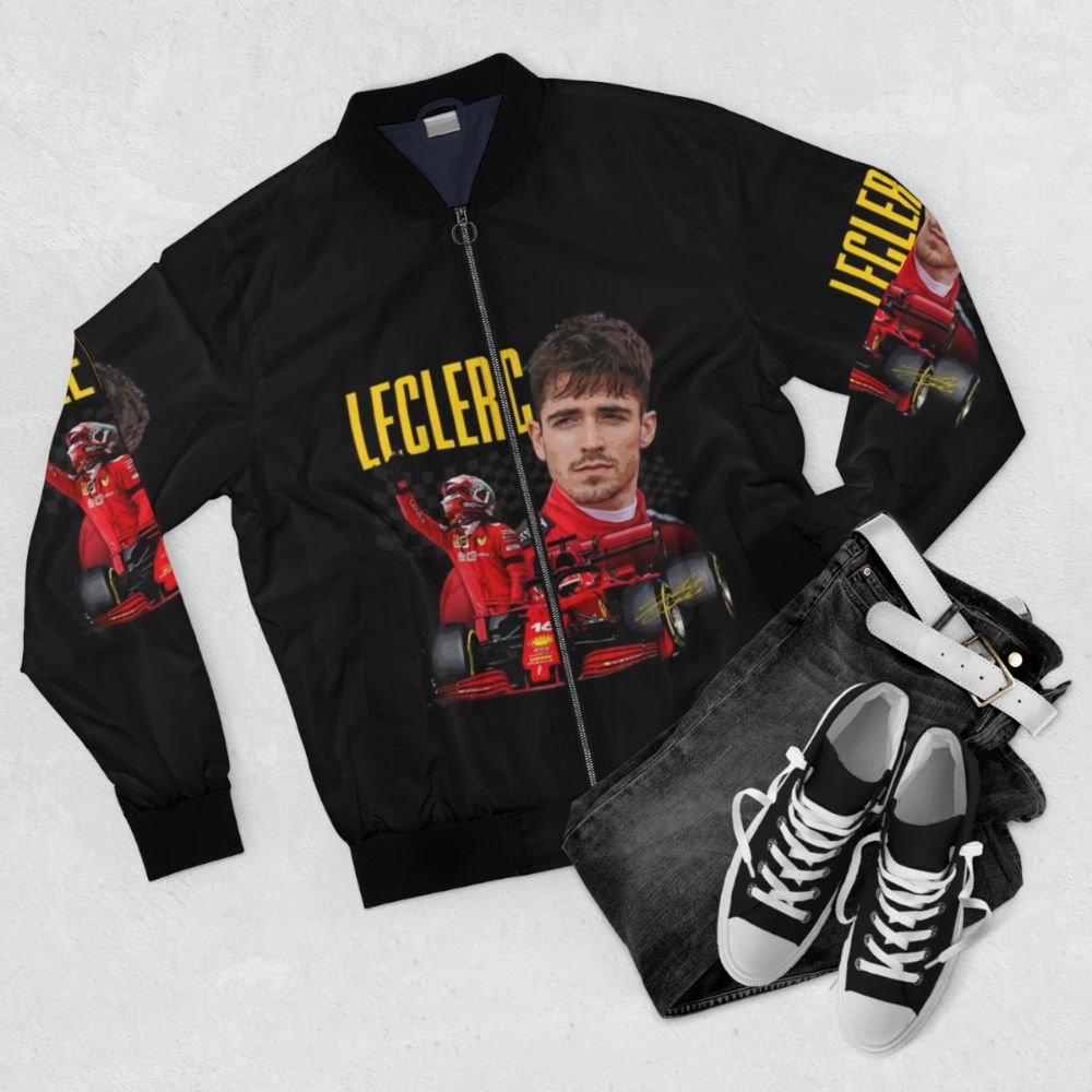 Charles Leclerc wearing a Ferrari F1 inspired bomber jacket - Flat lay