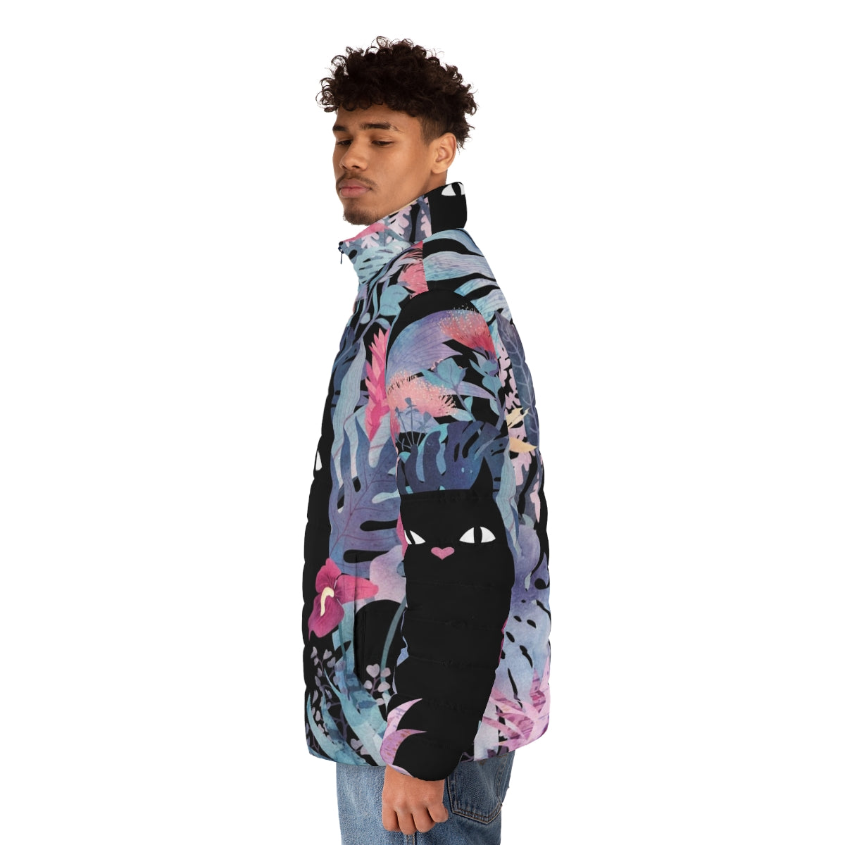 Pastel black velvet puffer jacket with tropical floral design featuring a black cat - men side left