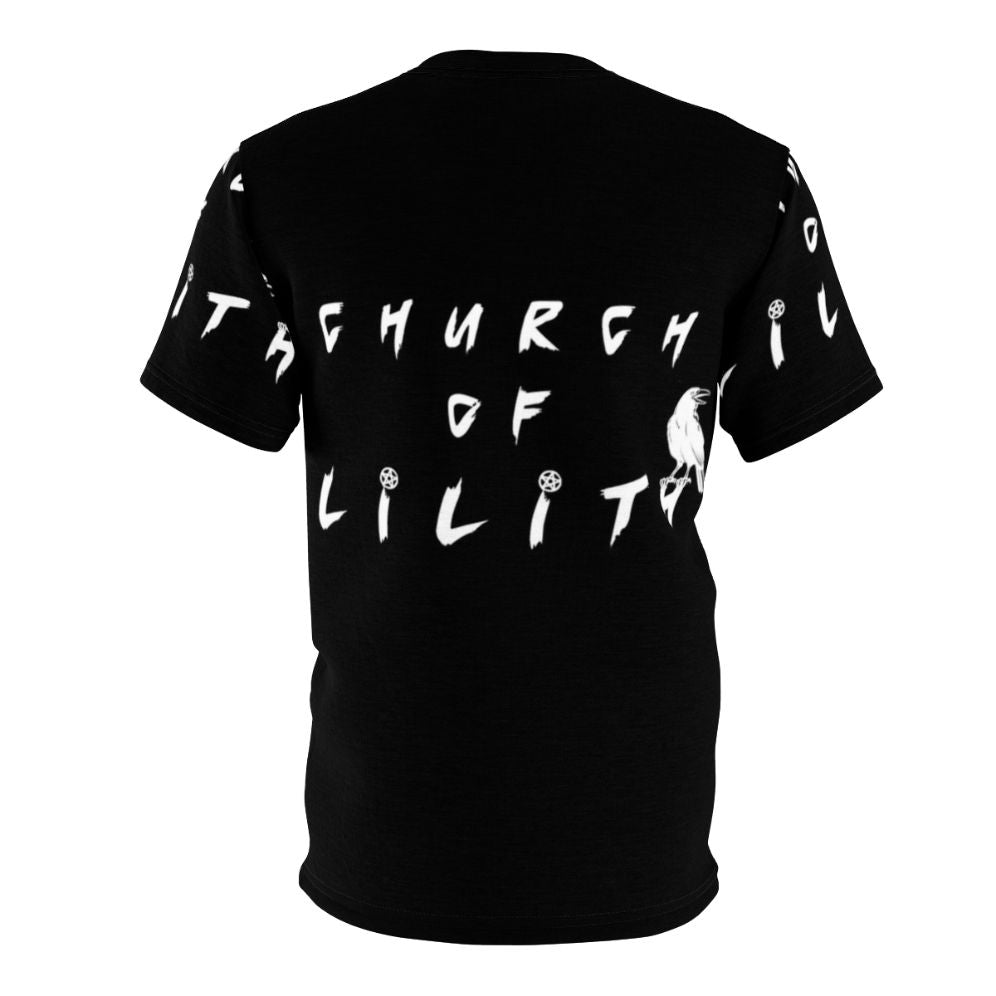 Closeup of a black t-shirt with white occult-themed typography design - Back