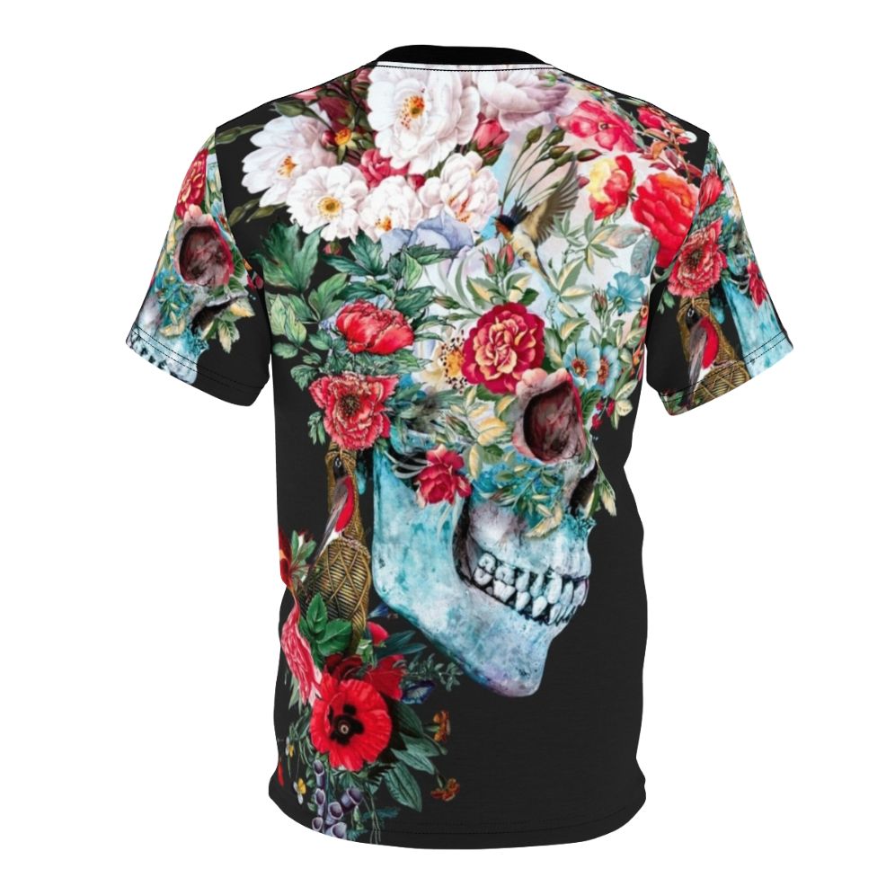 A surreal graphic t-shirt featuring a collage of gothic imagery including a skull, flowers, and other natural elements. - Back