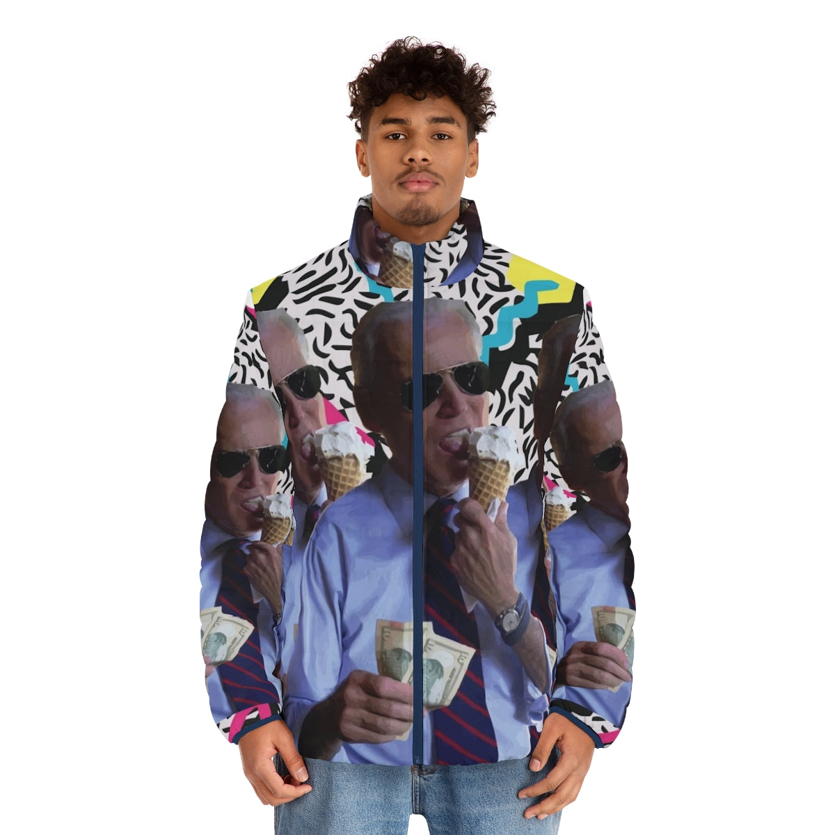 Man wearing a puffer jacket with "Biden FTW" design in a 90s vaporwave aesthetic - men front