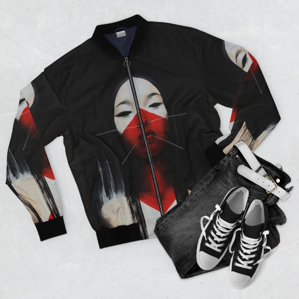 Cyberpunk vaporwave-inspired bomber jacket with Japanese illustration design - Flat lay